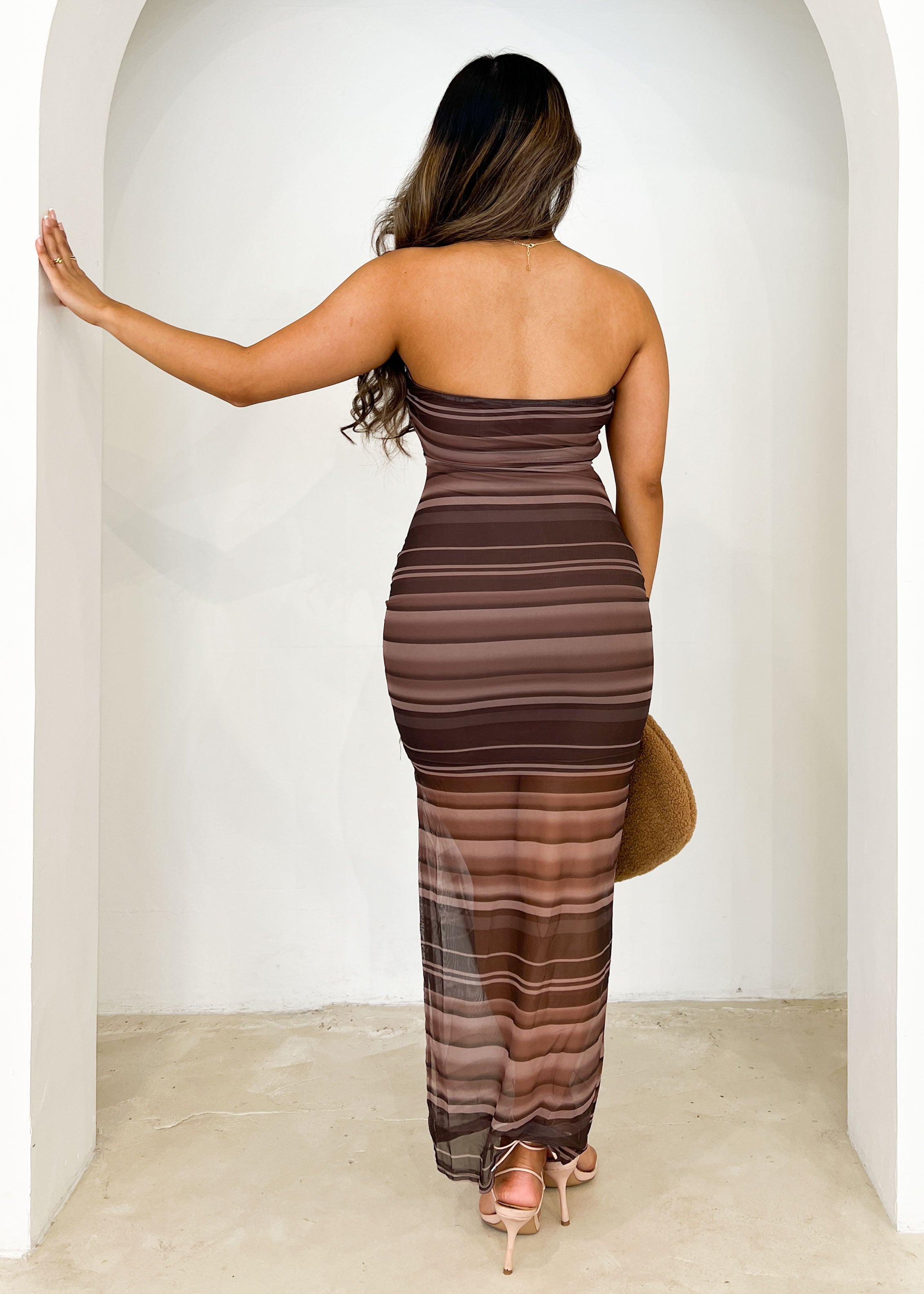 Alto Strapless Midi Dress - Brown Stripe