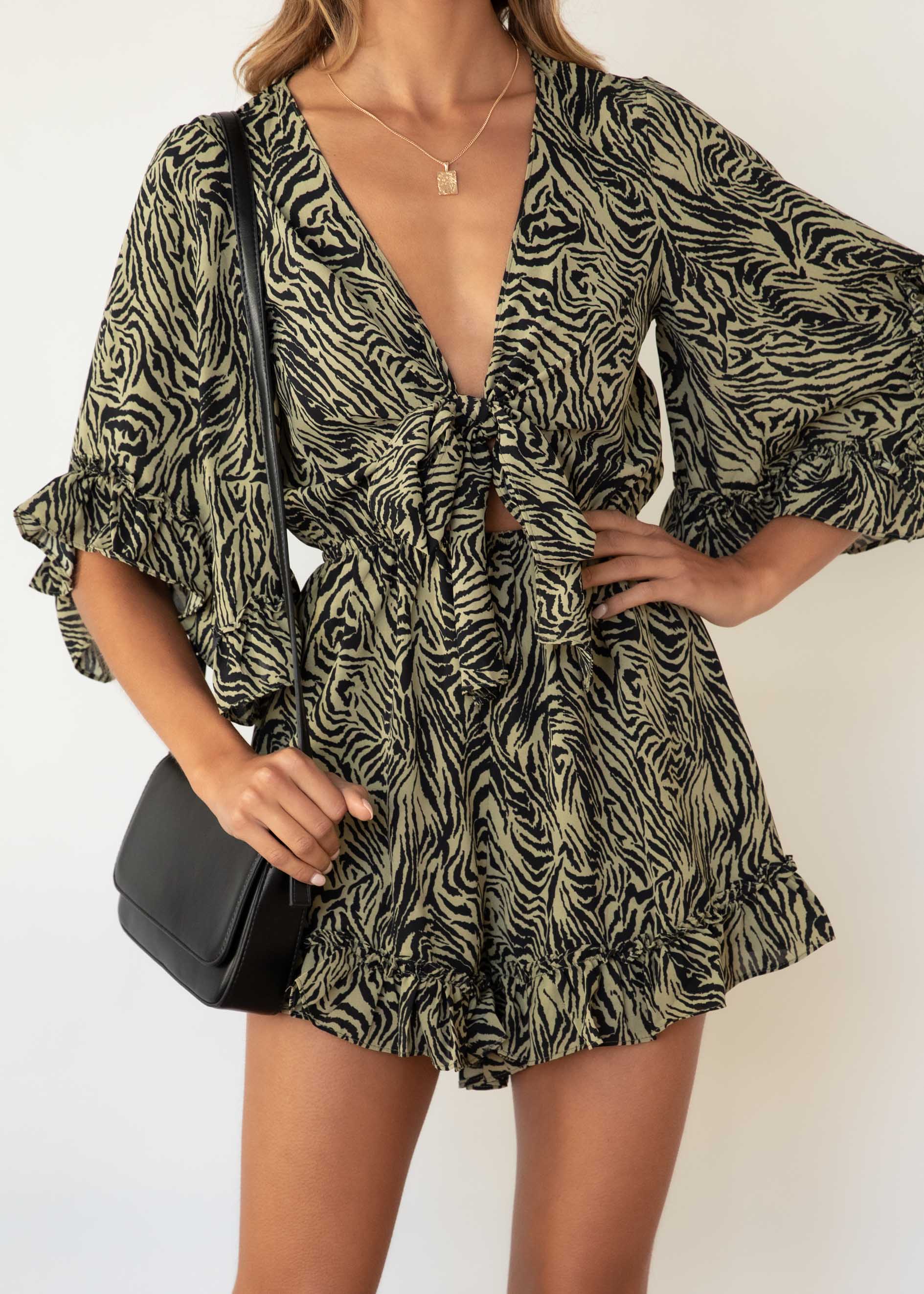 Fair Game Playsuit - Khaki Zebra