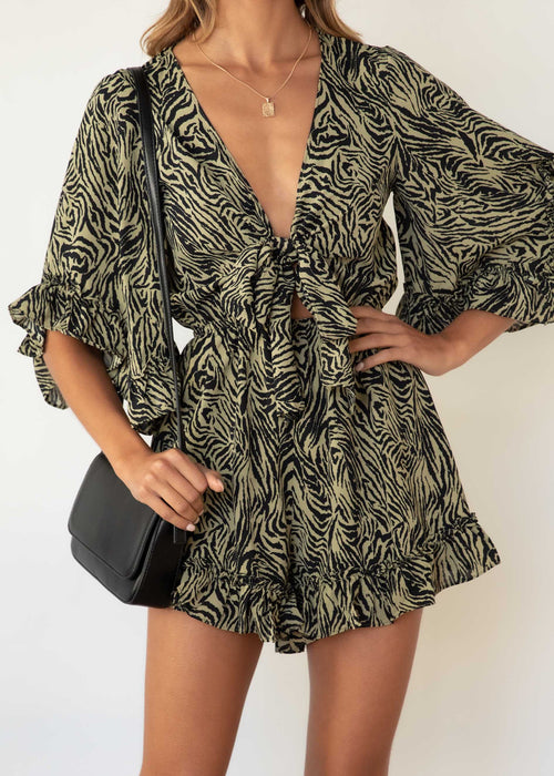 Fair Game Playsuit - Khaki Zebra