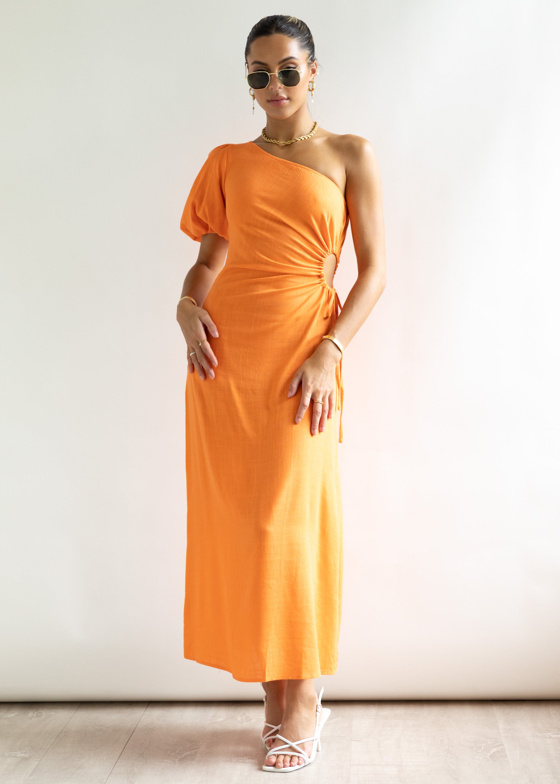 Melrose One Shoulder Midi Dress - Orange