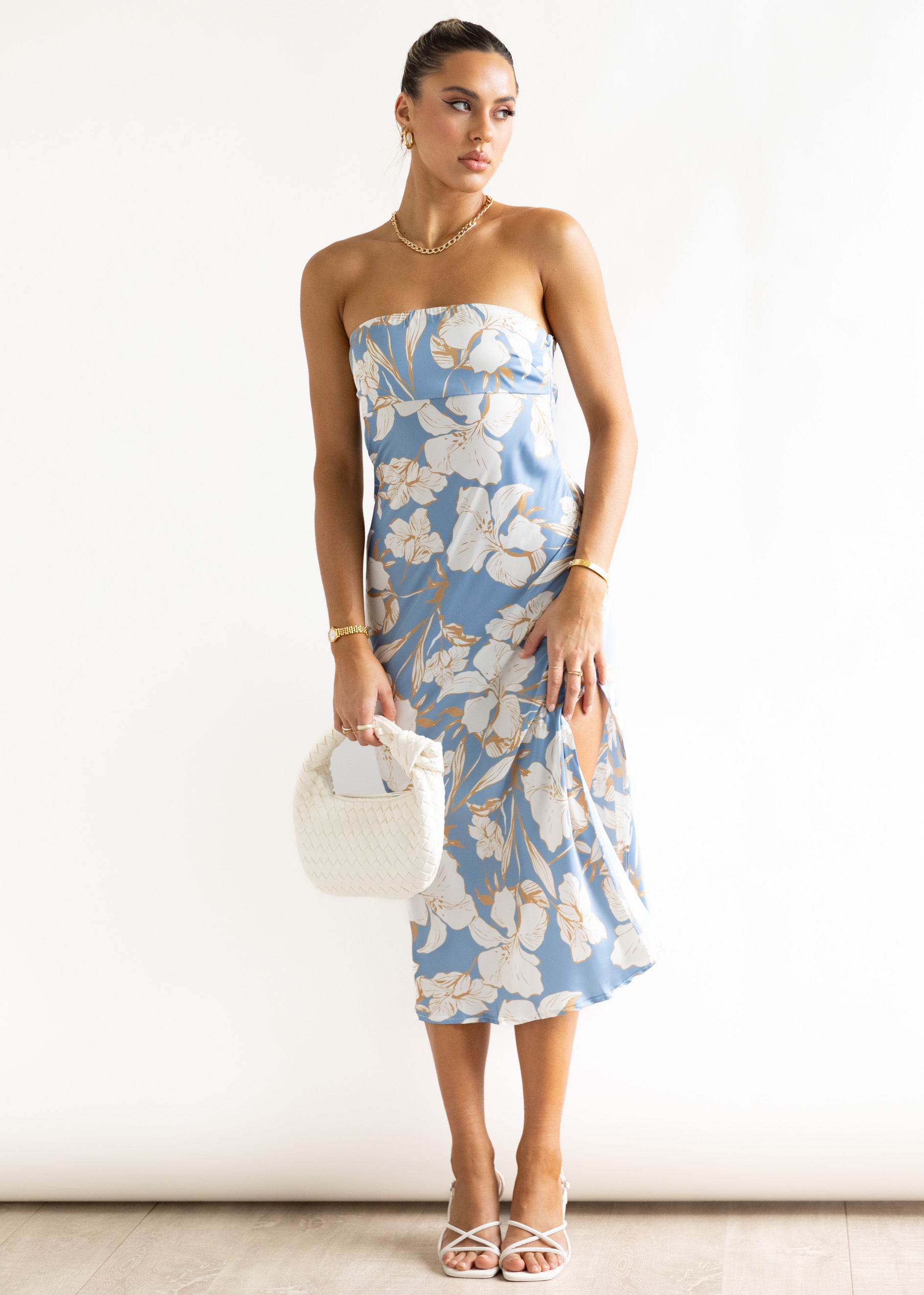 Gizia Strapless Midi Dress - Powder Blue Flowers