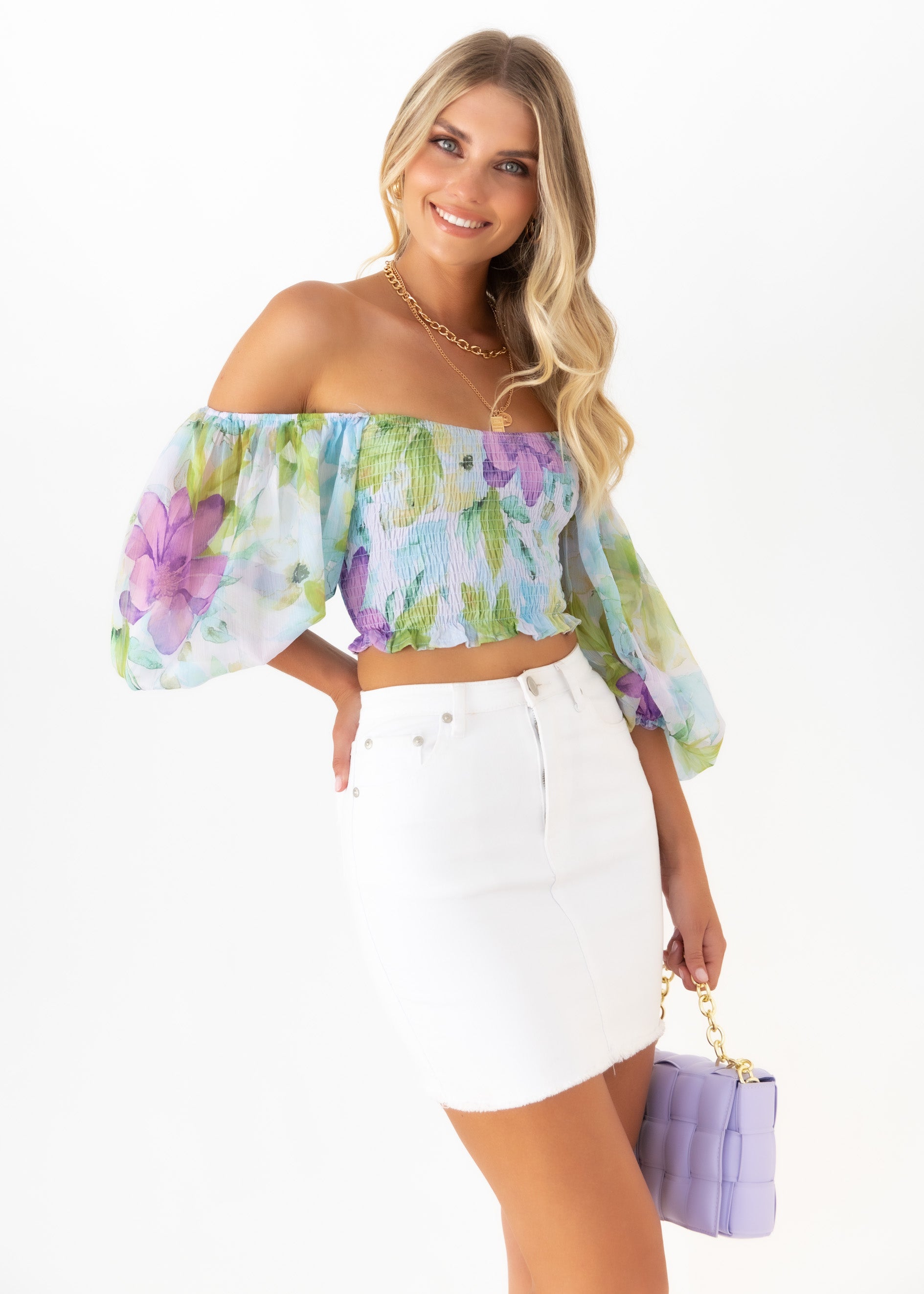 Signet Off Shoulder Crop - Lilac Floral